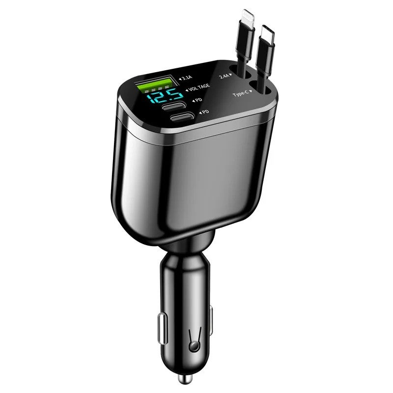 Y&D Super Fast Charging 5-in-1 Retractable Car Charger: Digital Display, Cigarette Lighter Adapter, Automobile Chargers, Fast Charging Cable - Image 1